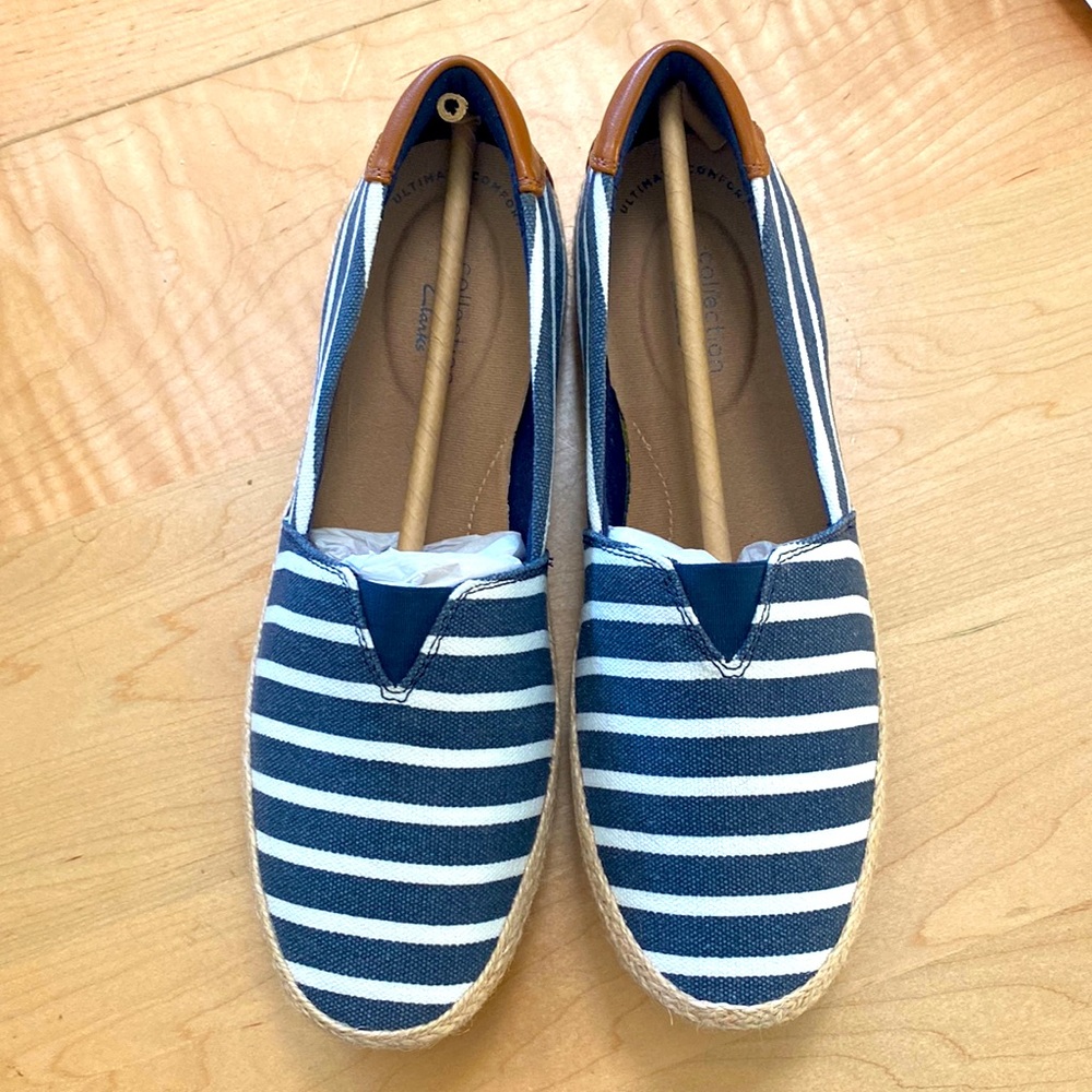 NEW Clarks Navy Striped Canvas Espadrilles Loafers